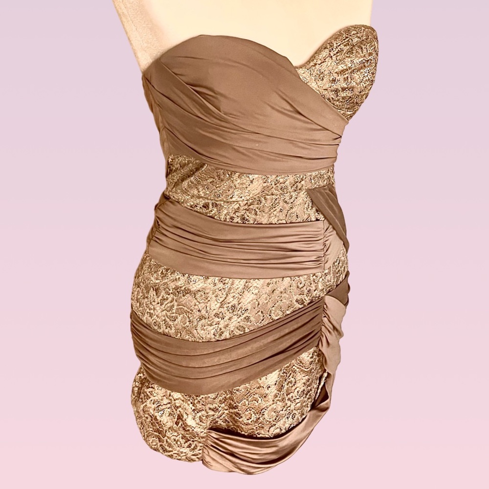 Bebe Draped Strapless Mini Bodycon Dress champagne w/silver
